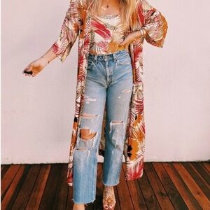 Novella Royale Rust Palm Jane Robe - Pink Tropical Longline Open Kimono M/L